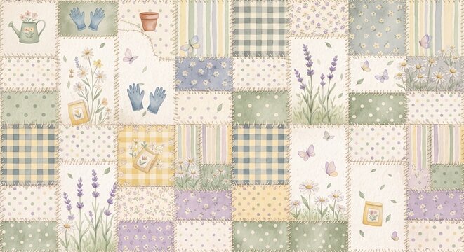 Seamless pattern with garden elements, flowers, butterflies, and gardening tools in a patchwork quilt style with soft pastel colors