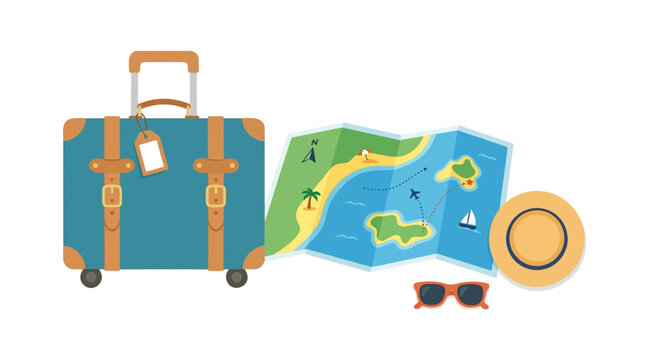 An illustration of Travel essentials including a suitcase map sunglasses and hat for vacation planning