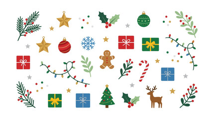 Naklejka premium An illustration of Christmas elements collection with gifts, ornaments, and festive decorations