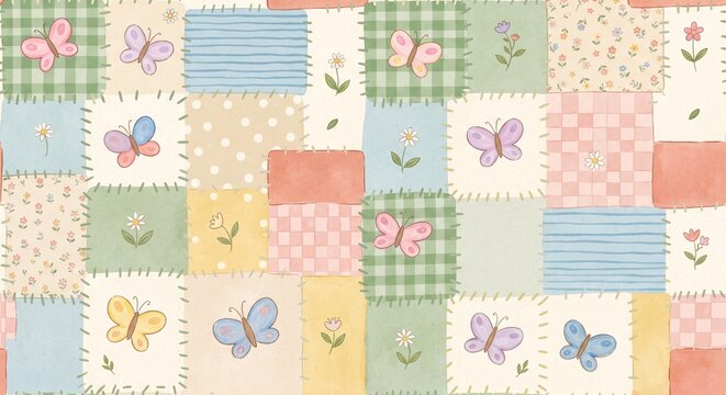 Cute seamless pattern with colorful butterflies and flowers on a patchwork quilt background