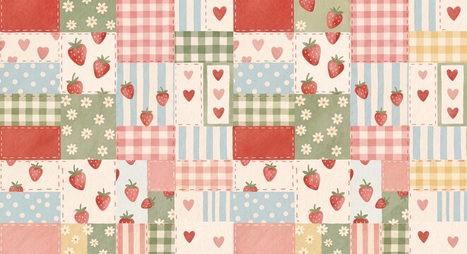 Seamless pattern with cute strawberries, hearts, daisies, gingham, and polka dots in a patchwork quilt style, cottagecore aesthetic