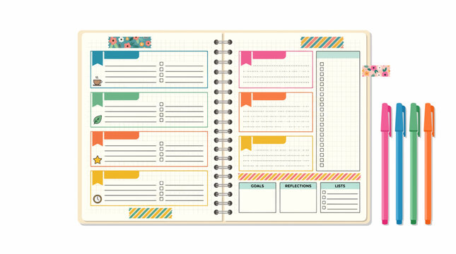 An illustrated Creative Bullet Journal Page with To Do Lists and Pens