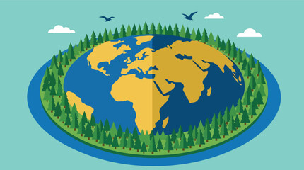 Naklejka premium Earth globe surrounded by a green forest ring for global ecology and sustainability in a modern vector illustration style for environmental conservation