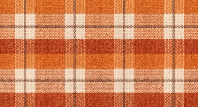 Seamless plaid fabric texture with orange, brown, and cream checkered pattern, cozy autumn textile background for design projects