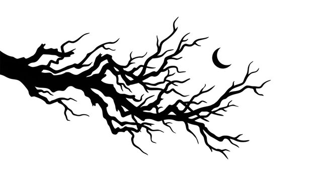 Spooky Bare Tree Branch Silhouette with Crescent Moon Halloween Vector Illustration