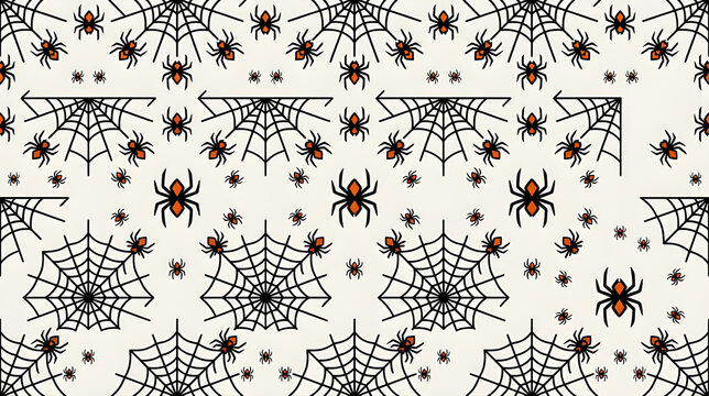 Halloween Spiders and Cobwebs Seamless Pattern on Light Background