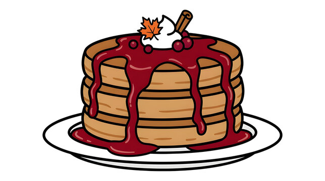 Stack of Fluffy Autumn Pancakes with Berry Syrup Whipped Cream and Maple Leaf