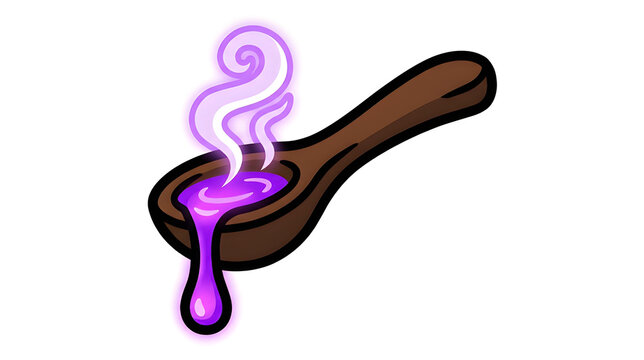 Wooden Spoon with Dripping Boiling Purple Magic Potion and Steam Vector Icon