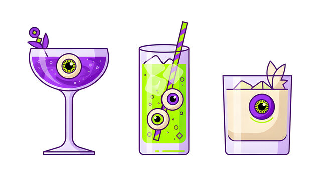 Spooky Halloween Cocktails Set with Eyeball Garnishes in Glasses