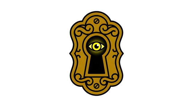 Antique Brass Keyhole with Mysterious Glowing Yellow Eye Peeking Through