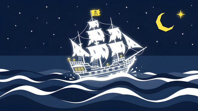 Glowing Ghostly Pirate Ship Sailing on Ocean Waves Under Night Moon and Star