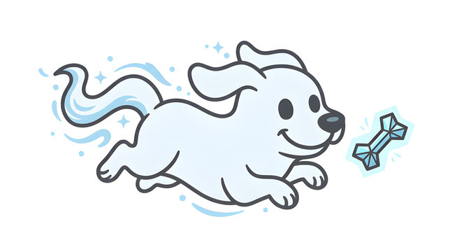 Cute Ghost Puppy Dog Running After Glowing Magic Bone Vector Illustration