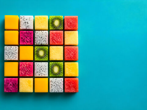 Precise geometric mosaic of mango, dragon fruit, pineapple, kiwi and watermelon cubes on teal, 2026 vibrant tropical food design