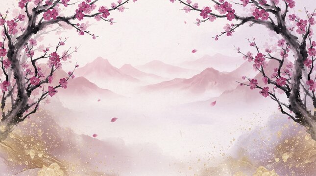 Beautiful traditional chinese ink wash painting style background with blooming pink cherry blossom branches framing misty mountains and golden accents