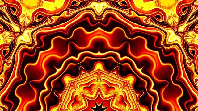 Vibrant lava flow pattern motion in fiery molten hues. Abstract kaleidoscopic dynamic movement of fire swirls formation. Bright moving background of symmetrical half mandala ornament. 4K UHD 4096x2304