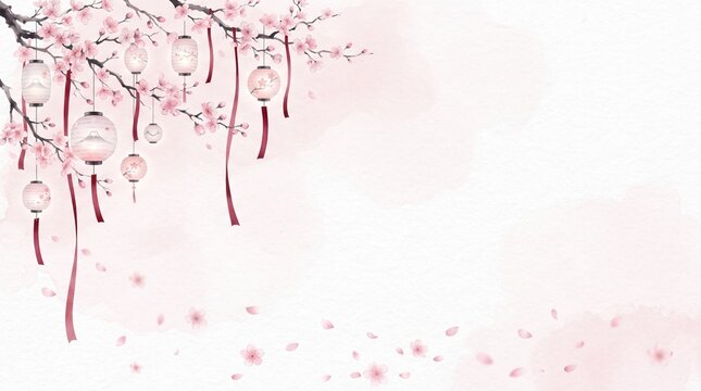 Watercolor cherry blossom branch with hanging paper lanterns and falling petals, elegant japanese spring floral background for invitation design