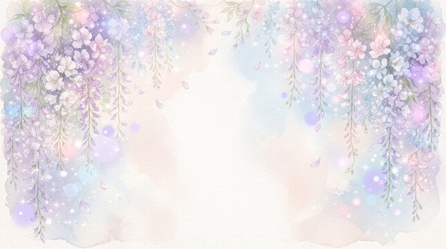 Beautiful watercolor background with hanging wisteria flowers in soft pastel purple and blue tones with sparkling bokeh lights and falling petals