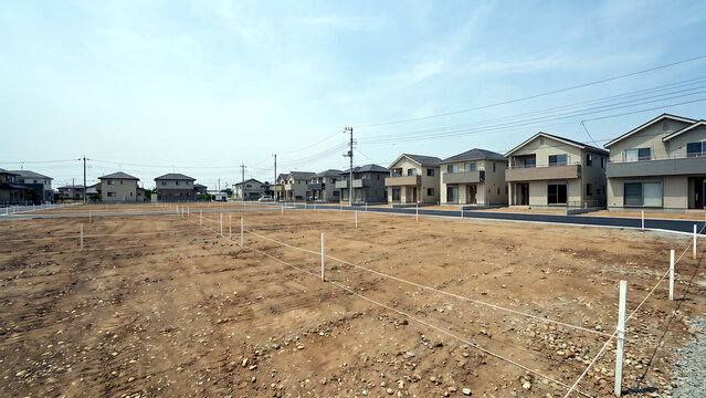 白い杭と水糸で区画された分譲住宅地の更地と奥に建つ新築住宅の列