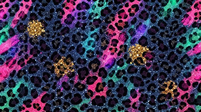 Vibrant leopard print pattern with colorful neon brush strokes and sparkling gold glitter accents on a dark starry background