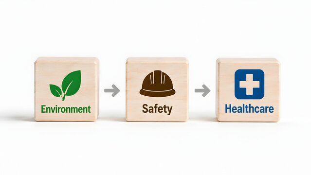 Environment health and safety concept with wooden blocks displaying eco leaf, construction hardhat and medical cross icons connected by arrows