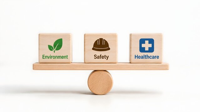 Balancing environment health and safety concept on wooden seesaw scale with eco leaf, construction hardhat and medical cross icons