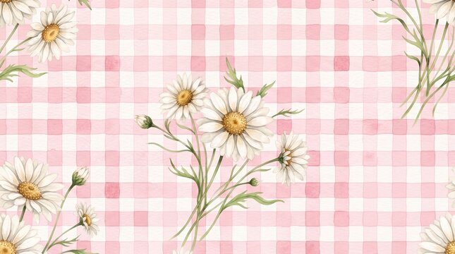 Seamless pattern with watercolor daisies on a pink gingham background