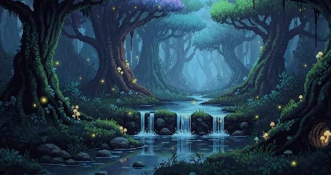 Pixel art magical night forest with waterfall.