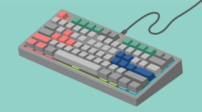 Mechanical keyboard peripheral with colorful keycaps in isometric flat vector illustration for gaming setup and computer hardware marketing