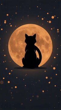 Mystical black cat silhouette against full moon and glowing stars animation, ai generated