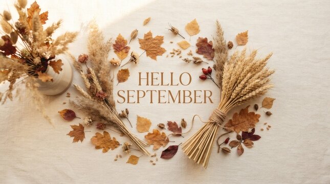 Hello September Harvest Wreath Flat Lay with Wheat Sheaves, Pampas Grass, and Autumn Leaves