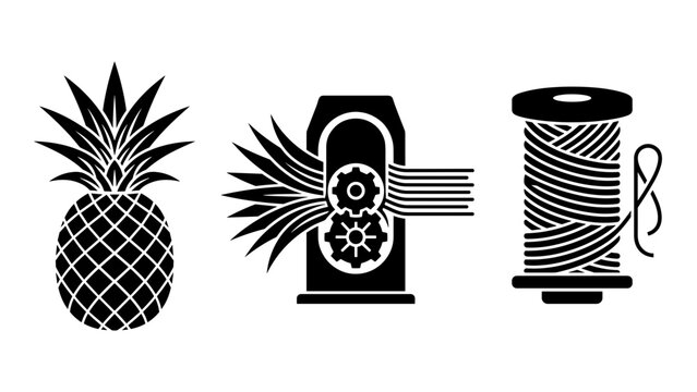 Pineapple Leaf Fiber Extraction and Sustainable Textile Thread Production Process Icon Silhouette Set