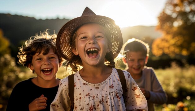 Candid portrait of three happy children laughing joyfully together in a sunlit field at golden hour, with warm backlight creating a glowing rim light effect and a mountain landscape in the background.
