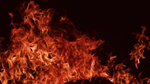 Fire wall with continuous rising flames. Fire combustion against deep shadow. Real fire footage with intense orange glow. Burning fire background for dramatic design.