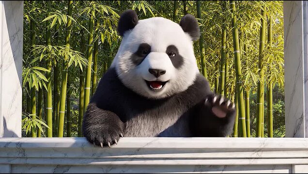 Close up 3D animated video of a cute giant panda standing behind a white ledge, smiling happily, and waving its paw friendly at the camera in a bamboo forest.