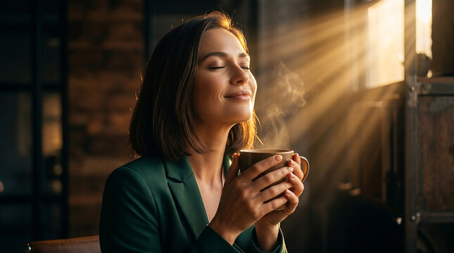 Happy businesswoman smelling fresh coffee in sunlit office perfect for morning workplace wellness and professional relaxation