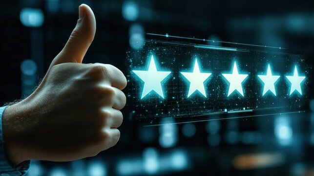 Hand giving a thumbs-up,  with glowing stars representing a positive review.  Dark background with blurred tech elements