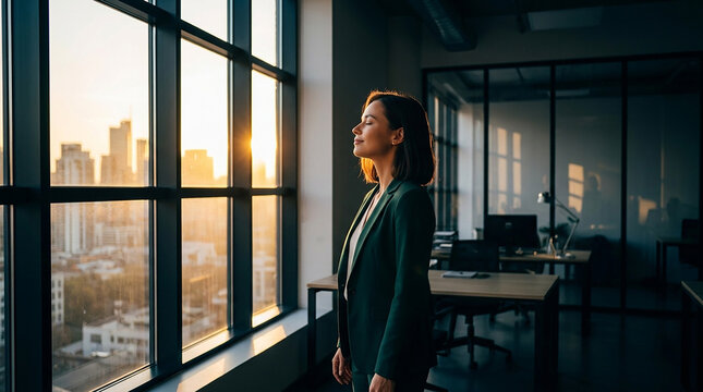 Peaceful businesswoman looking out of office window at sunset perfect for professional wellness and corporate mental health