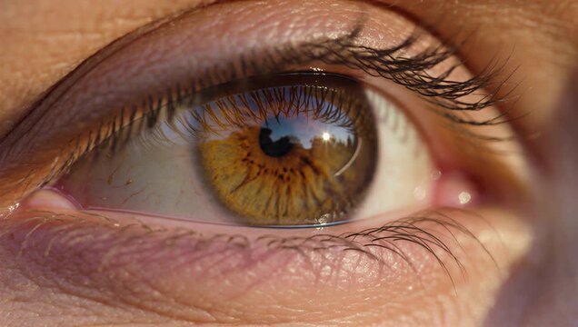 Macro close up video of an expressive hazel brown human eye opening, blinking softly, and looking directly into the camera with detailed iris texture in daylight.