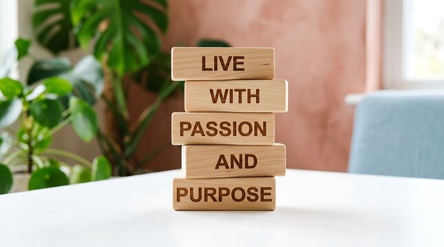 Wooden blocks stacked with live with passion and purpose message on white desk for motivation and lifestyle banner