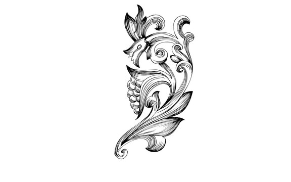 Vintage baroque scroll ornament, ornate floral engraving on white background, classical filigree design for luxury branding