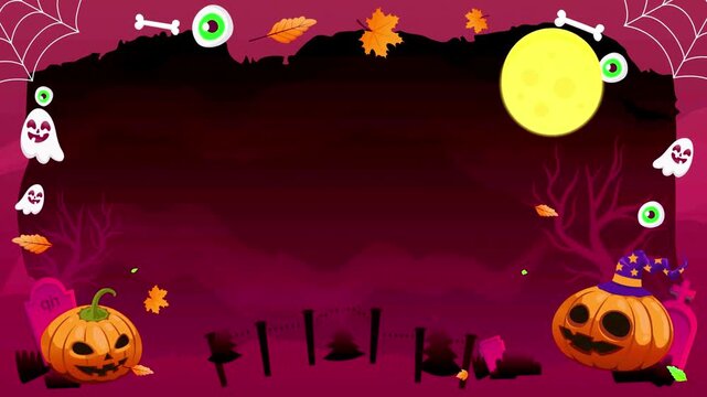 Halloween border animation with glowing pumpkins ghosts and full moon on dark purple background.