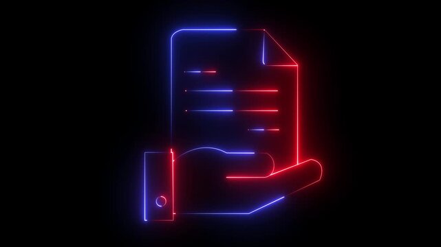 Glowing neon Analysis case study with magnifying glass icon.HD motion graphic video animation with neon effects.isolated on a black background
