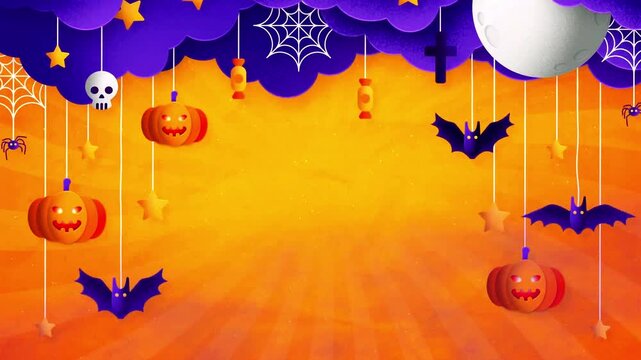 Paper cut style Halloween background with hanging pumpkins bats and skull on orange background.
