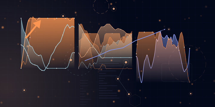 Financial data charts with trend arrows on a digital dashboard interface