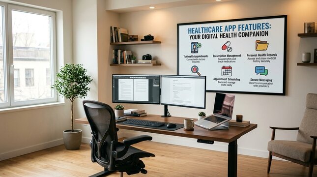 Home office with a poster summarizing healthcare app features - Healthcare App & Digital Health Technology Concept