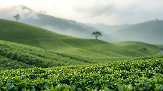 misty green tea plantation on rolling hills at dawn