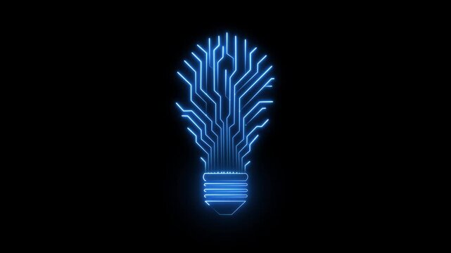Lightbulb with circuit lines radiating from it, symbolizing innovation and technology in the business world. neon light bulb, neon line idea icon animation