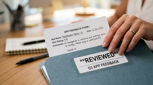 Hand placing a completed app feedback form into a folder labeled reviewed - Digital Healthcare Technology Concept