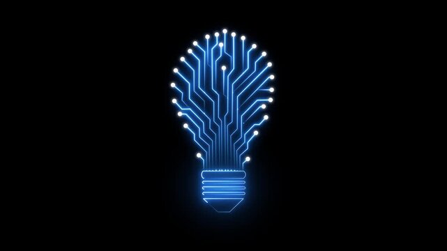 Lightbulb with circuit lines radiating from it, symbolizing innovation and technology in the business world. neon light bulb, neon line idea icon animation