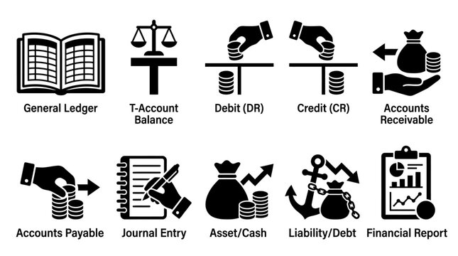 Flat design icons depicting core accounting principles such as general ledger, T-account entries, and asset management.